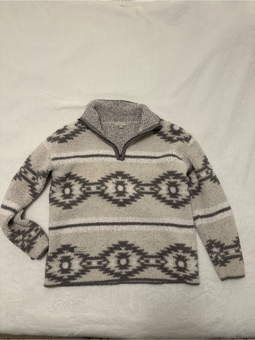 Simply Southern Cream and Gray Women's Aztec Zip-Up Sweater